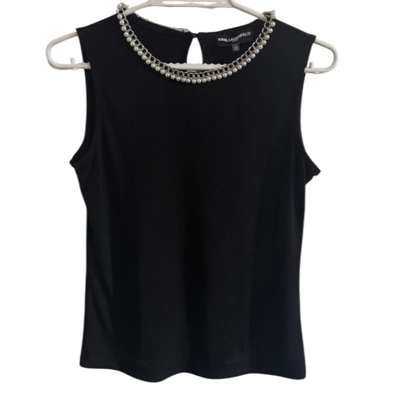 Karl Lagerfeld Tops - Feminine Halter Peal Beaded Neckline Tank Top Classic Black Flowy XS Minimalist